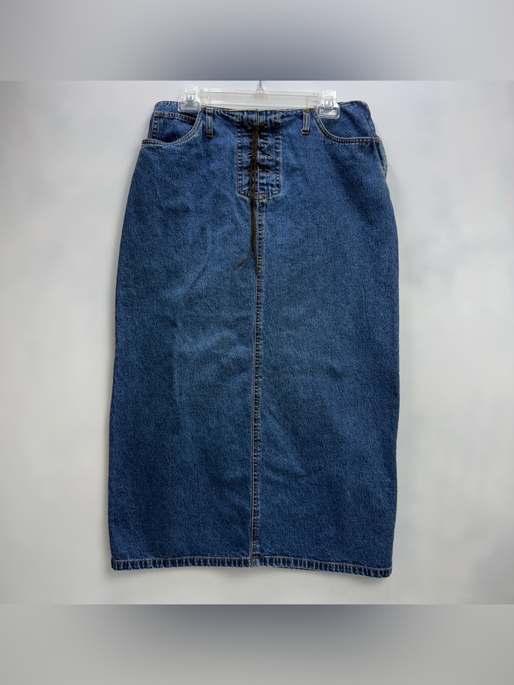 Vintage Bill Blass Jeans Women’s Denim Maxi Skirt with Front Lace-Up